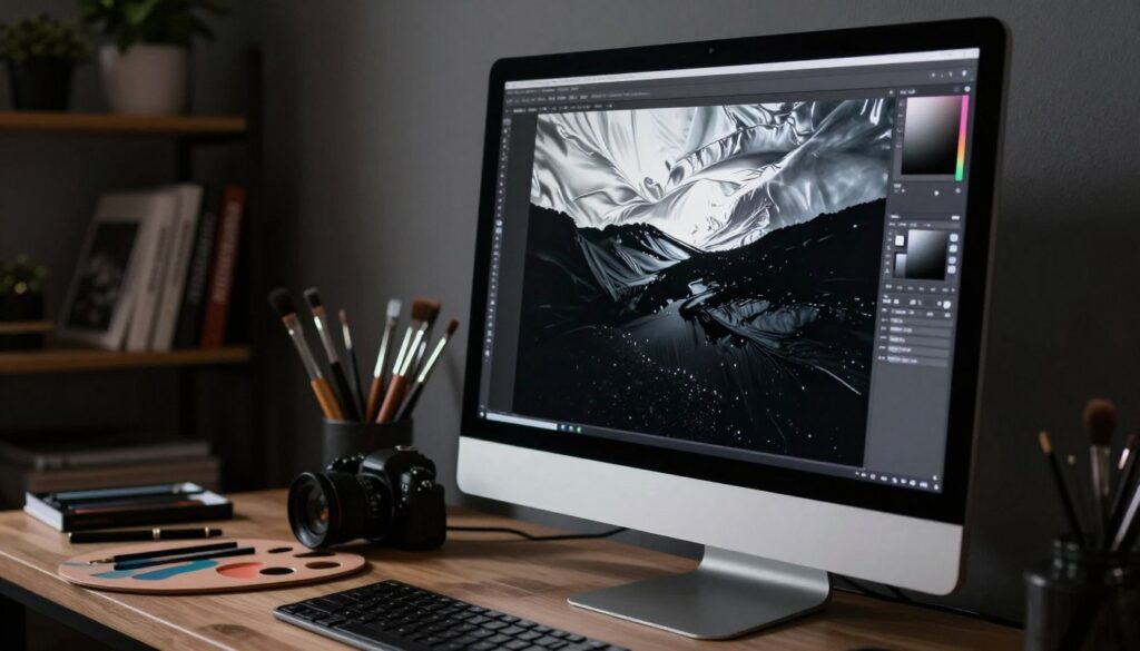 A striking composition showcasing the interplay of silver and deep blacks in an artistic photography setting. In the foreground, a sleek, modern monitor displays a high-resolution photograph featuring rich silver highlights and profound black shadows. The monitor is slightly angled, displaying a vibrant image of an abstract dark landscape. In the middle ground, an artist’s workspace is visible, with a palette of editing tools, brushes, and a camera, emphasizing the detail-oriented work of a photographer. The background features a soft, dimly lit studio space with shelves containing photography books and plants, enhancing the mood of creativity. The lighting focuses dramatically on the monitor, casting soft shadows across the workspace, creating an atmosphere of contemplation and artistry.