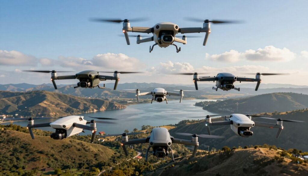 A stunning aerial view showcasing the top drones for photography in 2025, elegantly arranged in a dynamic composition. In the foreground, vibrant and modern drones are displayed in different sizes and designs, highlighting their sleek features and cutting-edge technology. The middle ground features a picturesque landscape, with rolling hills, a serene lake, and a clear blue sky, accentuated by soft, natural lighting that creates a warm atmosphere. In the background, gentle clouds drift lazily, adding depth to the scene. Use a wide-angle perspective to capture the breathtaking surroundings, ensuring the drones remain the focal point of the image. The overall mood should be inspiring and aspirational, conveying the excitement of aerial photography.