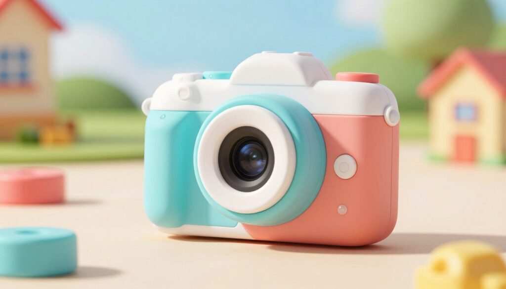 A sturdy, kid-friendly camera resting on a soft, colorful silicone protective case, showcasing its resilience against drops and impacts. The camera should be depicted from a front angle, with a slight tilt to highlight its durable design and intuitive buttons. In the foreground, gently blurred toys suggest a playful environment, while vibrant pastel colors in the middle ground reflect a welcoming atmosphere for children. The background features a subtle outdoor scene with a sunny day, conveying a sense of adventure and exploration. Soft, natural lighting bathes the composition, enhancing the cheerful mood while focusing on the camera's robust build. This image emphasizes safety and durability, appealing to parents seeking a reliable option for their child's photography journey.