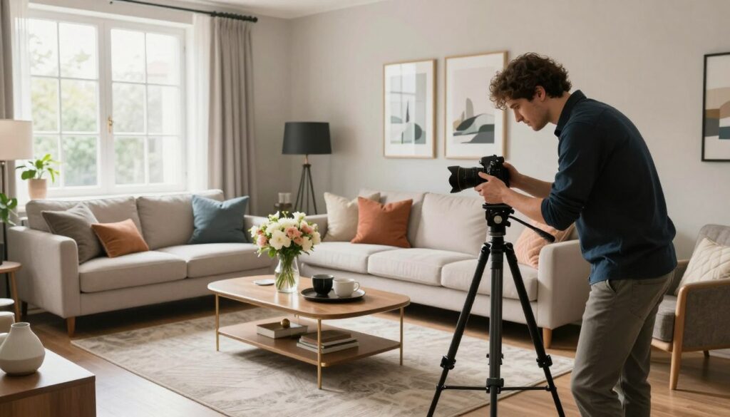 A stylish interior preparation scene for a photography session, showcasing a well-organized living room. In the foreground, a professional photographer adjusting a camera on a tripod, wearing smart casual attire. In the middle, the room features a beautifully arranged sofa adorned with colorful throw pillows, a chic coffee table with a vase of fresh flowers, and strategically placed decorative items. The soft natural light streaming through large windows creates an inviting glow, enhancing the textures of the furniture. In the background, a neutral wall adorned with tasteful artwork adds depth to the environment. The entire atmosphere is serene and polished, ideal for capturing stunning interior photographs, with a focus on attention to detail and careful styling. A stylish interior preparation scene for a photography session, showcasing a well-organized living room. In the foreground, a professional photographer adjusting a camera on a tripod, wearing smart casual attire. In the middle, the room features a beautifully arranged sofa adorned with colorful throw pillows, a chic coffee table with a vase of fresh flowers, and strategically placed decorative items. The soft natural light streaming through large windows creates an inviting glow, enhancing the textures of the furniture. In the background, a neutral wall adorned with tasteful artwork adds depth to the environment. The entire atmosphere is serene and polished, ideal for capturing stunning interior photographs, with a focus on attention to detail and careful styling.