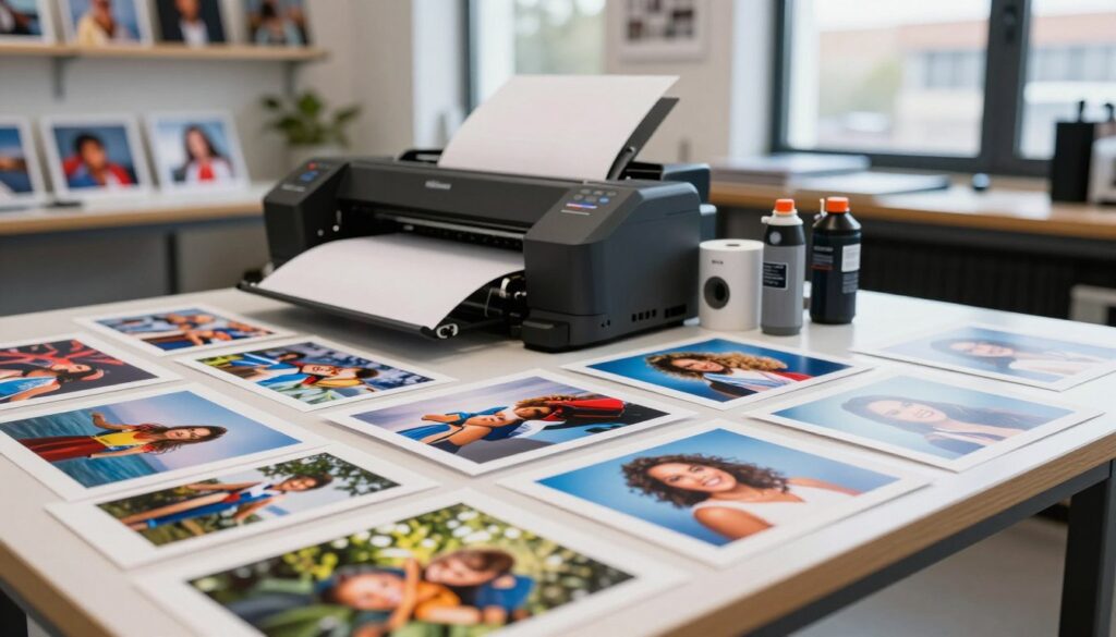 A vibrant and detailed studio scene showcasing various photo print formats. In the foreground, a table displays an array of printed photos in different sizes, including 4x6, 5x7, and 8x10 inches, each showcasing vivid colors and sharp details. The middle ground features a professional photo printer, with paper rolls and ink cartridges nearby, highlighting the process of printing. In the background, a well-organized photography studio is visible, filled with shelves of photo samples and a large window letting in soft, natural light, creating a welcoming atmosphere. The mood is professional and inviting, emphasizing quality and craftsmanship in photographic printing. The camera angle captures the entire scene from a slight elevation, enhancing the depth and perspective.