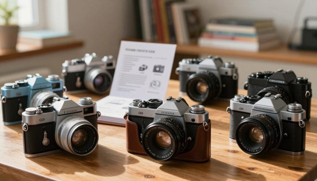 A vintage camera selection scene, focusing on a beautifully arranged layout of various retro cameras on a wooden table. In the foreground, feature a classic film camera, complete with leather casing and an intricate lens, reflecting soft sunlight. Surround it with a variety of other retro models, showcasing unique designs and colors, such as a pastel blue rangefinder and an elegant black SLR. In the middle, a slightly blurred camera manual is opened, with guidelines and criteria illustrated. In the background, an artistically blurred cozy room filled with photography books, soft light streaming through a window, creating a warm and inviting atmosphere. The mood is nostalgic yet informative, emphasizing the charm of retro photography selection.