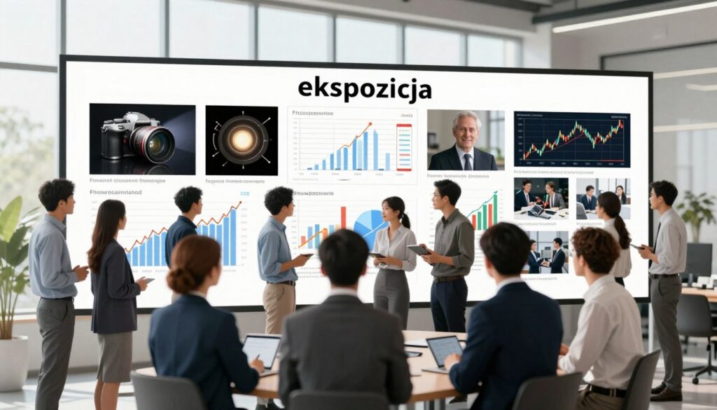A visually striking and informative scene illustrating the concept of "ekspozycja" in various fields. In the foreground, a diverse group of professionals, dressed in business attire, engages in discussions, analyzing charts and images representing exposure in finance, art, and photography. The middle ground features a large, interactive display board filled with infographics and images that depict different interpretations of "ekspozycja," such as exposure in photography (a camera and light sources), healthcare (medical charts), and finance (stock market graphs). The background showcases a modern office environment with natural light streaming through large windows, creating a bright and engaging atmosphere. The overall mood is collaborative and educational, emphasizing the importance of understanding "ekspozycja." The scene is captured with a wide-angle lens to highlight the interaction and detail in the elements presented.