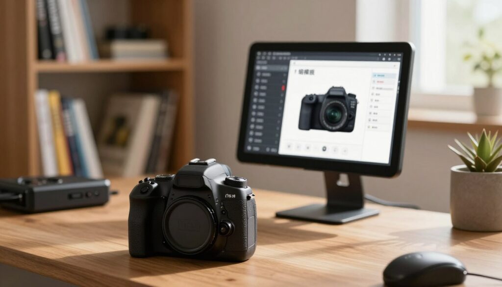 A well-organized photography workstation, focused on beginner-friendly DSLR settings. In the foreground, a sleek, modern DSLR camera sits atop a wooden table, showcasing its clear settings dial and illuminated display. The middle ground features a user-friendly digital screen displaying a simplified camera menu, highlighting autofocus options and beginner settings, with a soft glow enhancing readability. The background includes a soft-focus bookshelf filled with photography books and tools, creating a cozy learning atmosphere. Warm, natural lighting pours in from a window, casting gentle shadows and adding a welcoming mood. The overall composition should evoke a sense of learning and accessibility for aspiring photographers.