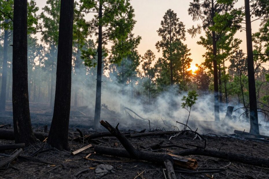 Fotografie przedstawiają fragment lasu po pożarze