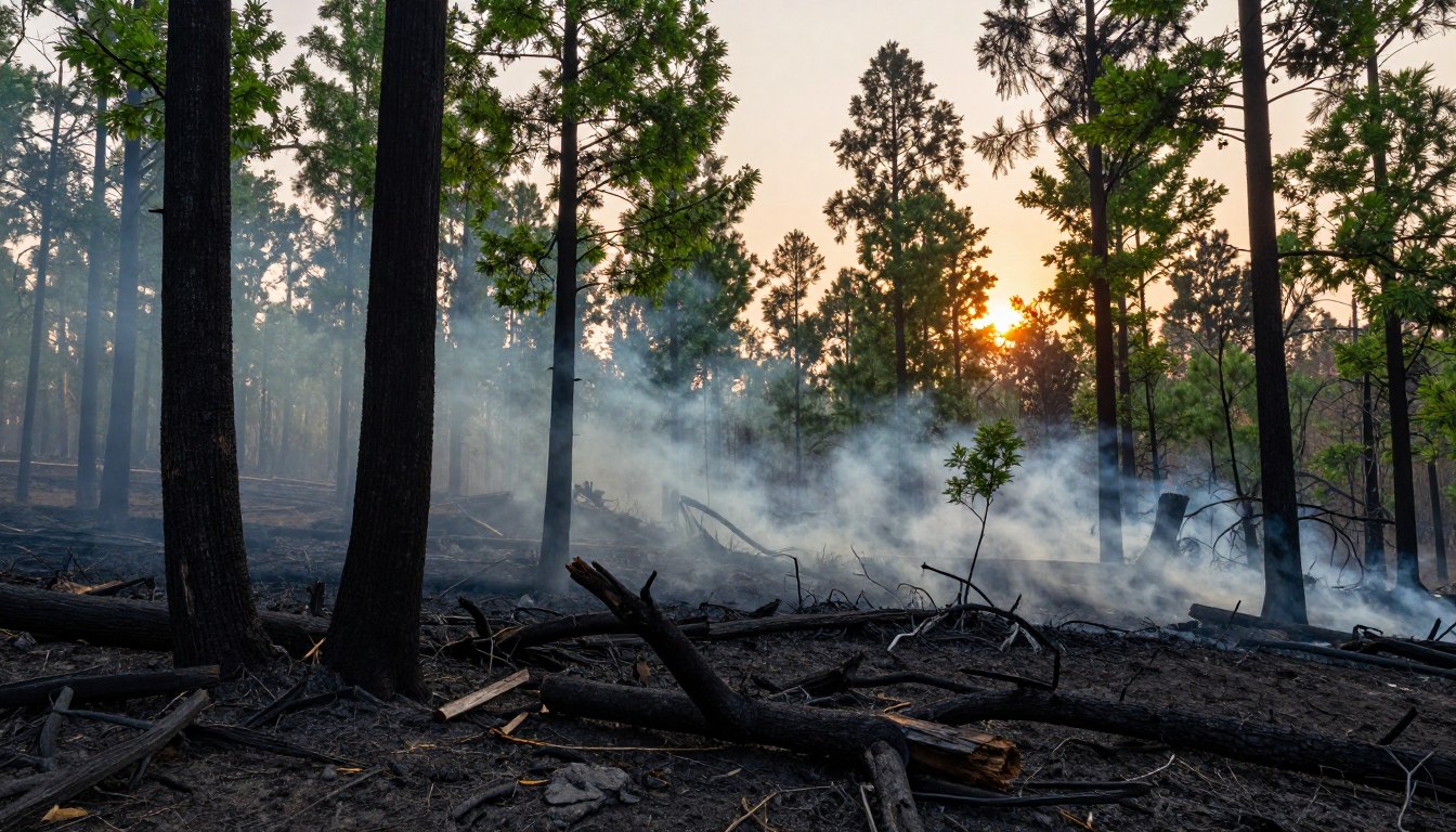 Fotografie przedstawiają fragment lasu po pożarze
