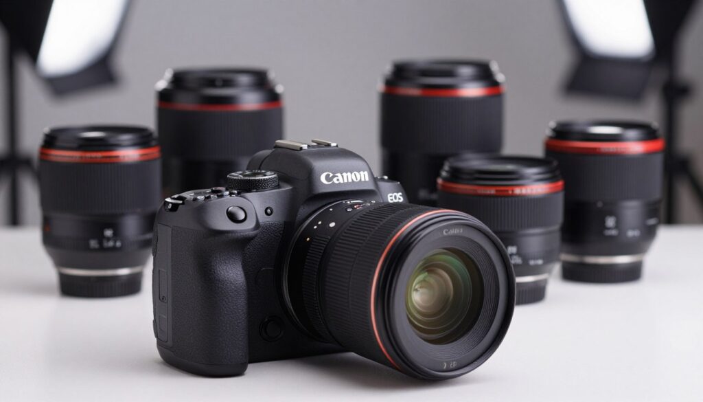 A Canon EOS R camera system prominently displayed in the foreground, showcasing its sleek, modern design with the RF lens attached. The camera should be positioned at a slight angle to highlight its buttons and dial details. In the middle ground, several interchangeable RF lenses should be artistically arranged, demonstrating the versatility of the system. The background features a soft-focus studio setup, complete with subtle lighting that creates a professional ambiance, emphasizing the Canon logo. The scene is lit with soft, diffused light to evoke a sense of quality and reliability, appealing to photographers seeking a trusted choice. The overall mood is sophisticated and contemporary, aligning with a professional photography context, devoid of any text or distractions.