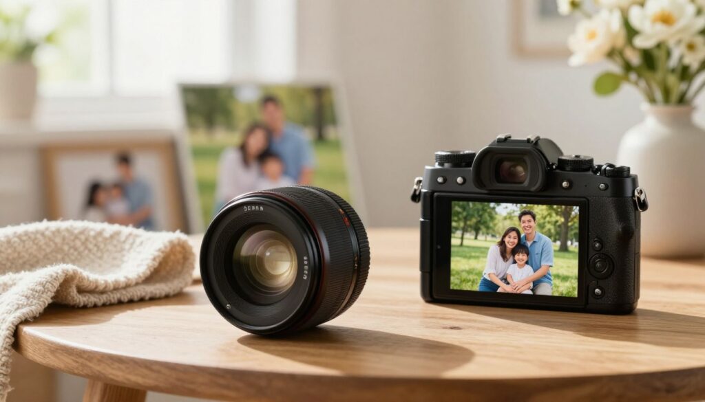 A beautifully arranged photography scene showcasing a 50mm lens on a wooden table. In the foreground, the lens is elegantly displayed, reflecting soft, natural light. Beside it, there’s an open camera with a family photo displayed on the screen, capturing a joyful moment with a family in a park. In the middle ground, colorful backdrops and props like a soft blanket and a vase of flowers hint at outdoor sessions. The background features a softly blurred window with sunlight streaming in, creating a warm and inviting atmosphere. The entire composition conveys a sense of family love and connection, perfect for family photography discussions. A beautifully arranged photography scene showcasing a 50mm lens on a wooden table. In the foreground, the lens is elegantly displayed, reflecting soft, natural light. Beside it, there’s an open camera with a family photo displayed on the screen, capturing a joyful moment with a family in a park. In the middle ground, colorful backdrops and props like a soft blanket and a vase of flowers hint at outdoor sessions. The background features a softly blurred window with sunlight streaming in, creating a warm and inviting atmosphere. The entire composition conveys a sense of family love and connection, perfect for family photography discussions.
