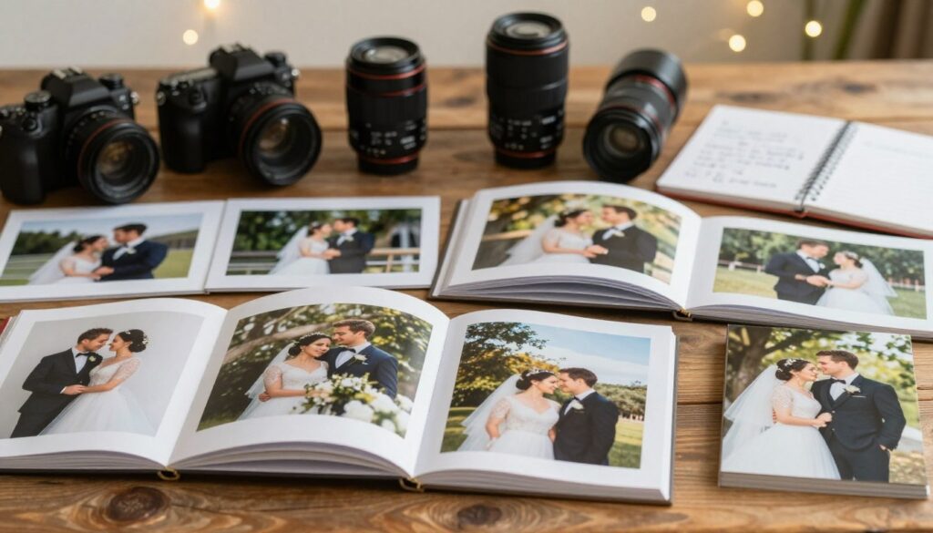 A beautifully arranged wedding photographer's portfolio spread out elegantly on a rustic wooden table. In the foreground, showcase a few open pages featuring stunning images of couples in various romantic settings, displaying a variety of styles like candid shots, artistic poses, and classic portraits. The middle layer includes an assortment of photography equipment like a camera, lenses, and a notebook with style notes. In the background, softly blurred fairy lights create a warm and inviting atmosphere. The lighting is warm and natural, giving a cozy feeling, while the depth of field emphasizes the vibrant colors of the images. The mood conveys professionalism and creativity, aiming to inspire confidence in choosing the right wedding photographer. A beautifully arranged wedding photographer's portfolio spread out elegantly on a rustic wooden table. In the foreground, showcase a few open pages featuring stunning images of couples in various romantic settings, displaying a variety of styles like candid shots, artistic poses, and classic portraits. The middle layer includes an assortment of photography equipment like a camera, lenses, and a notebook with style notes. In the background, softly blurred fairy lights create a warm and inviting atmosphere. The lighting is warm and natural, giving a cozy feeling, while the depth of field emphasizes the vibrant colors of the images. The mood conveys professionalism and creativity, aiming to inspire confidence in choosing the right wedding photographer.