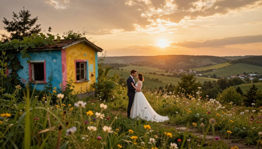 A breathtaking view of an unconventional wedding photo location in Poland, featuring a vibrant, colorful abandoned building enveloped in greenery and wildflowers as the foreground. In the middle ground, a couple dressed in elegant yet casual wedding attire stands lovingly together, capturing a moment full of romance. The background showcases rolling hills and a dramatic sunset casting warm, golden hues across the landscape. Soft, ethereal lighting enhances the atmosphere, creating a dreamy effect. The angle is slightly elevated, allowing for a sweeping view of the scene that emphasizes both the couple and the unique location. The vibe is enchanting and whimsical, perfect for showcasing unusual yet stunning wedding photography spots in Poland.