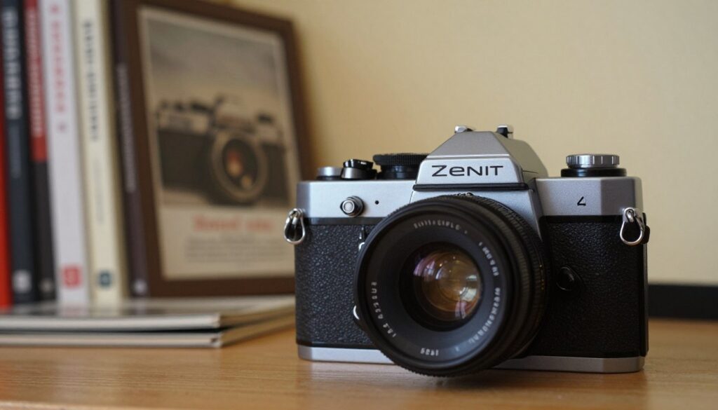 A classic Zenit camera, showcasing its iconic design, prominently displayed in the foreground. The camera's body is a rich black with metallic accents, highlighting its vintage charm. The lens should be focused on with a slight sheen, capturing its detailed textures and characteristics. In the middle ground, a soft, blurred bookshelf is filled with photography books and vintage prints, hinting at a rich history of photography. The background features a subtle, warm-toned wall with soft diffused lighting that creates an inviting atmosphere. The setting should evoke nostalgia and passion for photography, illuminating the Zenit's status as a beloved icon of SLR cameras, produced for over half a century.