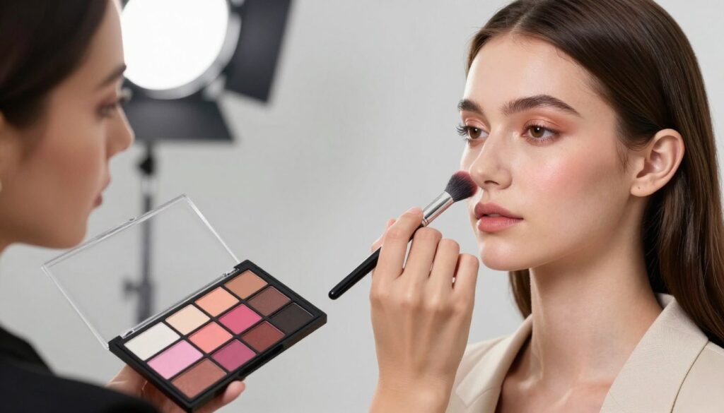 A close-up image of a professional makeup artist applying makeup to a model, emphasizing how to match the makeup with the model's outfit and features for a photoshoot. The foreground features the artist's focused hands using brushes and makeup tools, with vibrant colors that enhance the model's natural beauty. The model is in modest, stylish attire that complements the makeup. In the middle, a beautifully arranged makeup palette shows a spectrum of shades - from soft pastels to bold tones. The background is a softly lit studio space with professional lighting that creates a flattering glow, simulating a photographic setting. The overall mood is artistic and harmonious, capturing the essence of makeup artistry and styling for photography.