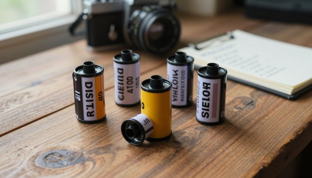 A close-up shot of several analog film canisters arranged artistically on a rustic wooden table, with one canister slightly open to reveal vibrant, unexposed film inside. In the background, an old-school camera and a notepad with handwritten notes about film types and sensitivity are subtly positioned, giving context to the subject. Soft, natural lighting filters in from a nearby window, creating gentle highlights and shadows that enhance the textures of the wood and the metallic canisters. The mood is warm, inviting, and nostalgic, evoking a sense of exploration and discovery in the world of photography. A shallow depth of field emphasizes the canisters in the foreground while softly blurring the background elements. A close-up shot of several analog film canisters arranged artistically on a rustic wooden table, with one canister slightly open to reveal vibrant, unexposed film inside. In the background, an old-school camera and a notepad with handwritten notes about film types and sensitivity are subtly positioned, giving context to the subject. Soft, natural lighting filters in from a nearby window, creating gentle highlights and shadows that enhance the textures of the wood and the metallic canisters. The mood is warm, inviting, and nostalgic, evoking a sense of exploration and discovery in the world of photography. A shallow depth of field emphasizes the canisters in the foreground while softly blurring the background elements.