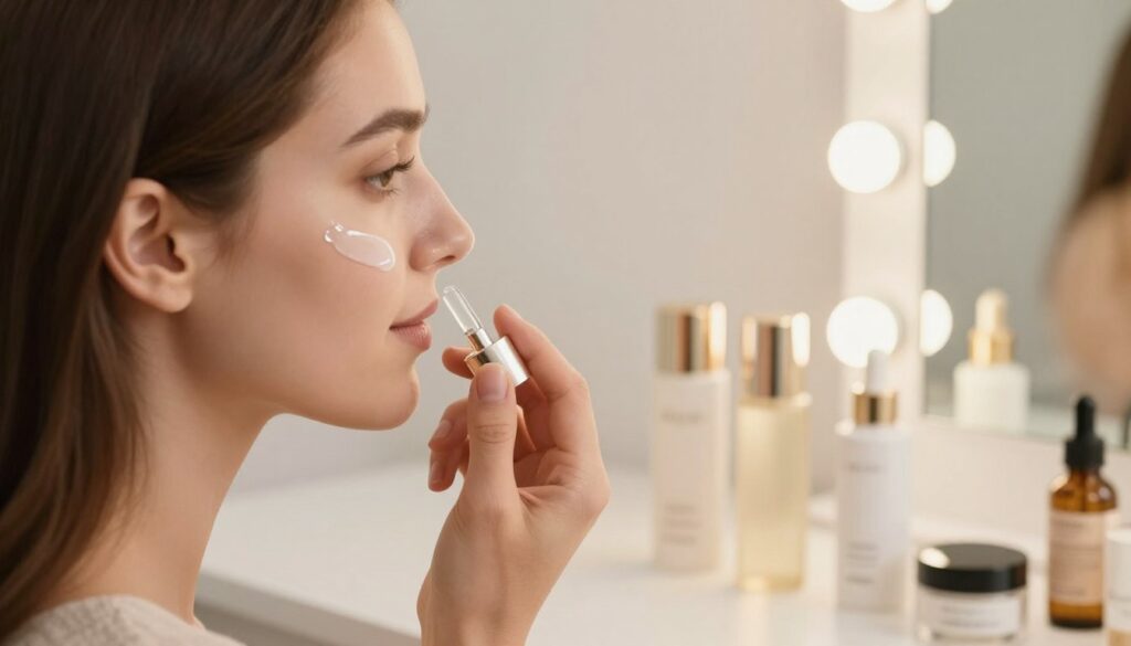 A close-up view of a woman's face in a well-lit beauty setting, showcasing her skincare preparation routine before a photoshoot. The foreground features the woman applying a hydrating serum, with gentle, deliberate motions that emphasize care and attention to skin texture. Her facial features are smooth, highlighting a pristine canvas ready for makeup. In the middle, a variety of skincare products are elegantly arranged, including moisturizers and facial mists, each reflecting light softly. The background consists of a bright vanity mirror and warm lighting that enhances the cozy atmosphere. The scene captures a professional, serene mood that inspires confidence, set in a chic makeup studio with neutral tones, ideal for showcasing effective skin preparation before makeup application.
