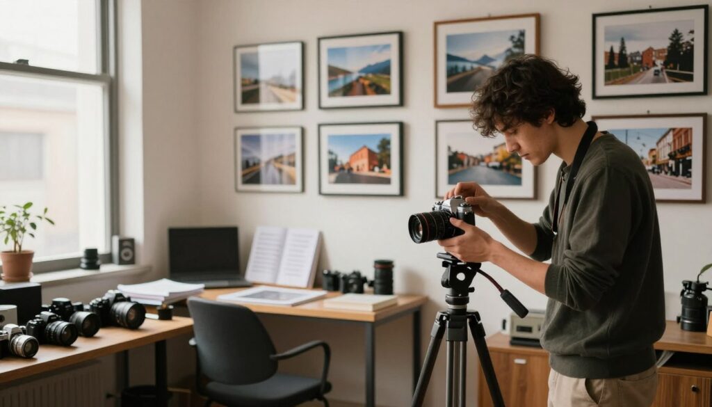A cozy photography studio environment filled with various photography gear. In the foreground, a person dressed in smart casual attire is thoughtfully setting up a vintage camera on a tripod, concentrating on their work. The middle ground showcases an assortment of framed photographs displayed on a wall, illustrating various photography niches such as landscapes, portraits, and street photography. Soft natural light filters in through a large window, creating a warm and inviting atmosphere. In the background, a cluttered desk is adorned with notes and books about photography techniques, hinting at a journey of skill development. The scene conveys a sense of passion and creativity, inviting viewers to explore their own photographic niche.