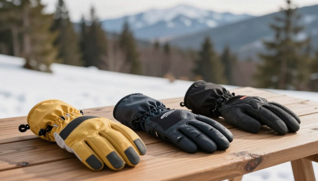 A detailed side-by-side comparison of several types of gloves arranged on a wooden table. In the foreground, showcase a pair of mountain gloves, vibrant and rugged, with textured materials. Beside them, place a pair of photo-specific gloves, sleek and fitted with touchscreen fingertips, featuring noticeable branding. In the middle ground, a natural outdoor setting is visible, with soft focus on snowy terrain and trees, subtly hinting at winter conditions. In the background, a blurred landscape of mountains under soft, natural lighting creates an atmospheric mood, highlighting the practicality of each glove type for outdoor activities. The overall scene should evoke a sense of exploration and readiness for adventure while maintaining a clear, informative aesthetic.
