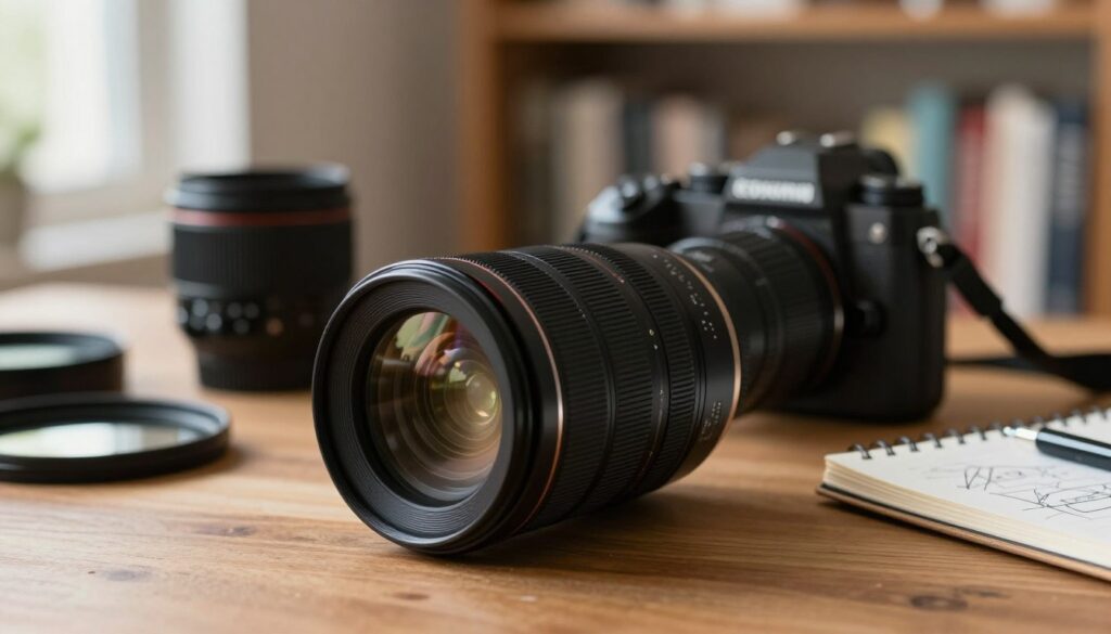 A high-quality, close-up photograph showcasing a portrait lens laid on a wooden table, surrounded by photographic accessories like a stylish camera, filters, and a notepad with sketches. The lens is prominent in the foreground, with its intricate details like glass, aperture blades, and sleek design highlighted. In the middle ground, the camera body sits next to the lens, with soft natural light emanating from a nearby window, casting gentle shadows. The background features a softly blurred bookshelf, creating an artistic bokeh effect that emphasizes the lens's capability for beautiful background separation. The overall mood is professional and educational, emphasizing clarity and quality, ideal for an article on lens selection for portrait photography. A high-quality, close-up photograph showcasing a portrait lens laid on a wooden table, surrounded by photographic accessories like a stylish camera, filters, and a notepad with sketches. The lens is prominent in the foreground, with its intricate details like glass, aperture blades, and sleek design highlighted. In the middle ground, the camera body sits next to the lens, with soft natural light emanating from a nearby window, casting gentle shadows. The background features a softly blurred bookshelf, creating an artistic bokeh effect that emphasizes the lens's capability for beautiful background separation. The overall mood is professional and educational, emphasizing clarity and quality, ideal for an article on lens selection for portrait photography.