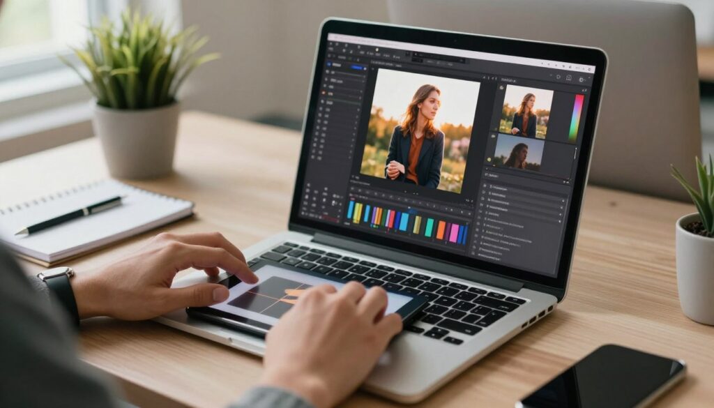A modern workspace with a sleek MacBook open on the desk, showcasing a vibrant image editing software interface displaying an image resizing tool. In the foreground, a close-up of a person's hands, wearing smart casual attire, using a trackpad to adjust the size of a photo with precision. The middle layer features a soft-focus view of various images on the screen, demonstrating before-and-after comparisons. The background reveals a well-organized desk with a potted plant and a notepad, enhancing the professional atmosphere. The lighting is warm and inviting, coming from a nearby window, creating a sense of productivity and creativity. The image should evoke a sense of ease and accessibility in photo editing on a Mac.