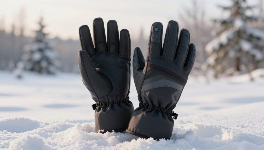 A pair of high-quality, weatherproof photography gloves designed for outdoor use, displayed prominently in the foreground. The gloves feature articulated fingers and textured grip surfaces, highlighting their functionality for handling a camera. In the middle ground, a blurred landscape of a snowy outdoor setting with soft, diffused natural light enhances the scene's winter vibe. In the background, distant snow-covered trees are softly lit by early morning sunlight, creating a serene atmosphere. The angle is slightly elevated, focusing on the gloves while capturing the surrounding environment. The mood conveys a sense of preparation and practicality, ideal for photographers working in challenging weather conditions. No text, watermarks, or distractions are present in the image.