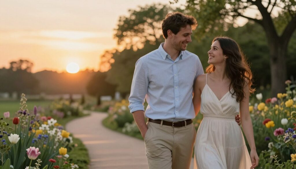 A romantic engagement photo shoot in an enchanting outdoor setting. In the foreground, a happy couple is smiling and gazing at each other, dressed in smart-casual attire; the man in a light button-up shirt and chinos, the woman in a flowing sundress. The middle ground features a softly lit pathway adorned with blooming flowers and lush greenery, suggesting a springtime atmosphere. The background reveals a picturesque sunset sky, casting warm golden hues over the scene, with trees silhouetted against the light. The soft, natural lighting highlights the couple’s joyful expressions and creates a dreamy, intimate ambiance. The overall mood is one of love, connection, and anticipation, capturing the essence of a pre-wedding photoshoot. A romantic engagement photo shoot in an enchanting outdoor setting. In the foreground, a happy couple is smiling and gazing at each other, dressed in smart-casual attire; the man in a light button-up shirt and chinos, the woman in a flowing sundress. The middle ground features a softly lit pathway adorned with blooming flowers and lush greenery, suggesting a springtime atmosphere. The background reveals a picturesque sunset sky, casting warm golden hues over the scene, with trees silhouetted against the light. The soft, natural lighting highlights the couple’s joyful expressions and creates a dreamy, intimate ambiance. The overall mood is one of love, connection, and anticipation, capturing the essence of a pre-wedding photoshoot.