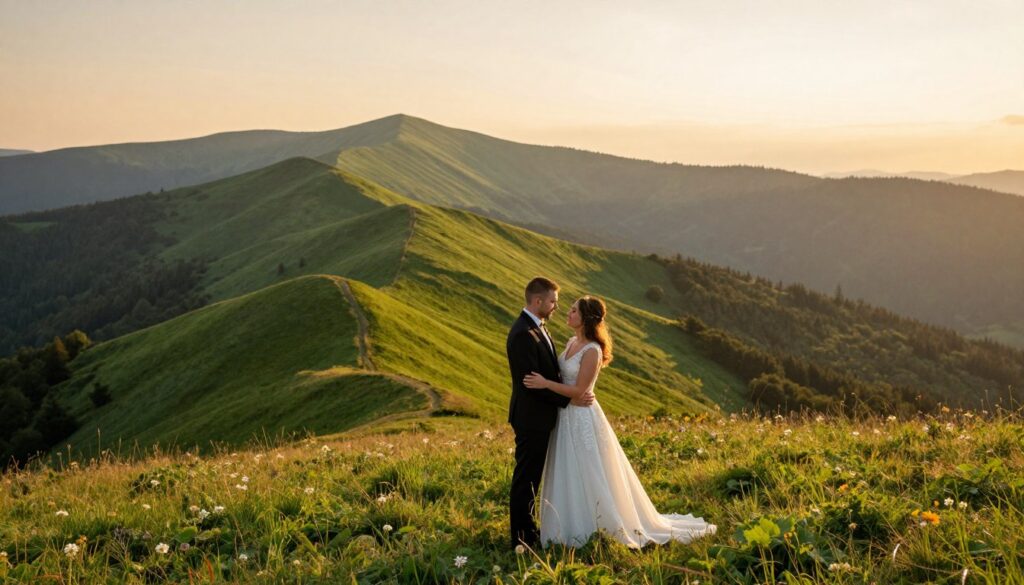 A romantic wedding photoshoot in the Bieszczady mountains, featuring a newlywed couple dressed in elegant yet modest attire. In the foreground, the couple stands on a lush, green hilltop, surrounded by wildflowers, gazing lovingly at each other. In the middle ground, rolling hills stretch out, showcasing the stunning Bieszczady landscape with vibrant greenery and the gentle curves of the mountains. The background features distant peaks, softly illuminated by the warm golden light of the setting sun. The atmosphere is serene and peaceful, capturing the essence of romantic intimacy in nature. Soft, diffused lighting enhances the mood, creating gentle shadows that add depth to the scene, as if time has paused for this beautiful moment.