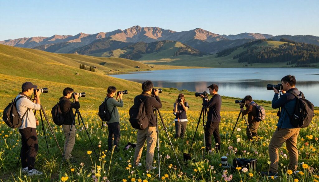 A scenic photographic expedition in a beautiful natural landscape, capturing the essence of organized photography trips. In the foreground, a diverse group of photographers, dressed in modest casual attire, is actively using professional cameras and tripods, focused on capturing stunning landscapes. In the middle ground, rolling hills and vibrant wildflowers stretch towards a serene lake reflecting the clear blue sky. The background features majestic mountains under soft, golden hour lighting, creating a warm atmosphere. The scene conveys collaboration and exploration, with hints of creativity and adventure, as photographers engage with both nature and each other. The composition is rich in detail, emphasizing the tools of the trade, including lenses, filters, and photographic gear, showcasing the art of photography in the field.