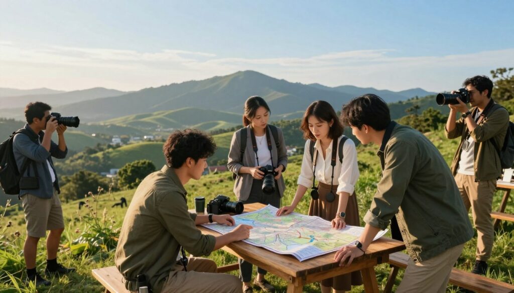 A serene landscape depicting a group of photographers actively planning their next expedition. In the foreground, a diverse trio (a man in a smart casual outfit, a woman in a professional yet comfortable dress, and a person in a stylish jacket) gathers around a detailed map spread out on a wooden table, engaged in discussion. The middle ground features a beautiful vista: rolling hills, lush greenery, and distant mountains under a clear blue sky. In the background, a soft golden light suggests dawn or dusk, casting gentle shadows and creating a warm, inviting atmosphere. The scene captures a sense of anticipation and excitement, evoking the thrill of selecting the perfect location for a photographic adventure. The overall color palette should be harmonious, with rich greens and earthy tones.