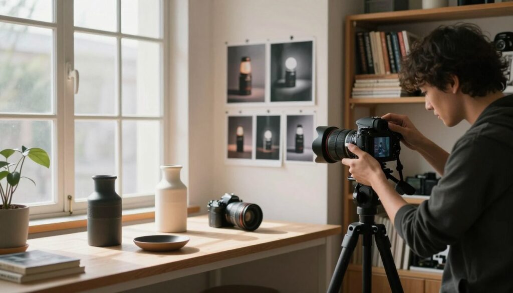 A serene photography studio setting, showcasing the fundamental elements of composition, lighting, and storytelling in photography. In the foreground, a professional photographer adjusts a camera on a tripod, capturing a beautiful still life arrangement of varied textures and colors, emphasizing strong composition rules like the rule of thirds. Soft, diffused natural light filters through a large window, creating gentle shadows and highlights on the objects. In the middle ground, a display of photographs hangs on the wall, illustrating different lighting techniques. The background reveals shelves filled with photography books and equipment, adding depth and context. The mood is calm and inspiring, inviting aspiring photographers to explore and understand the art of capturing compelling images.