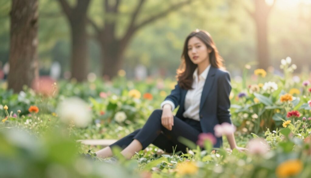 A soft-focus portrait scene featuring a professional photographer capturing a model in a natural outdoor setting. The foreground showcases delicate bokeh effects created by a wide-open aperture, with vibrant, blurred colors of the surrounding lush greenery and blooming flowers enhancing the visual appeal. The middle ground includes the model, dressed in smart casual attire, posing comfortably, exuding confidence and ease. Soft, diffused sunlight filters through the trees, casting a warm glow on the scene, while subtle lens flares add depth. The background is softly blurred, emphasizing the subject and enhancing the dreamy atmosphere. The overall mood is serene and inviting, illustrating the beauty of aperture settings and light in portrait photography without any text or captions. A soft-focus portrait scene featuring a professional photographer capturing a model in a natural outdoor setting. The foreground showcases delicate bokeh effects created by a wide-open aperture, with vibrant, blurred colors of the surrounding lush greenery and blooming flowers enhancing the visual appeal. The middle ground includes the model, dressed in smart casual attire, posing comfortably, exuding confidence and ease. Soft, diffused sunlight filters through the trees, casting a warm glow on the scene, while subtle lens flares add depth. The background is softly blurred, emphasizing the subject and enhancing the dreamy atmosphere. The overall mood is serene and inviting, illustrating the beauty of aperture settings and light in portrait photography without any text or captions.