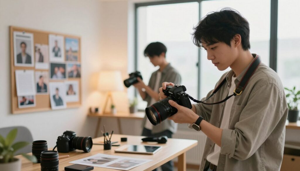 A soft-focused portrait of a photographer in a cozy, well-lit studio, embodying the soft skills that enhance their craft. In the foreground, a person dressed in smart casual attire is adjusting their camera, showcasing a look of concentration and creativity. The middle layer features various photography equipment and a mood board filled with inspiring images and ideas. The background is a warm, inviting space with soft, ambient lighting filtering through large windows, creating a gentle, inspirational atmosphere. The scene conveys collaboration and communication, with hints of teamwork and self-expression subtly implied through body language. The overall mood is one of focus and passion for photography, reflecting the essence of personal and professional growth. A soft-focused portrait of a photographer in a cozy, well-lit studio, embodying the soft skills that enhance their craft. In the foreground, a person dressed in smart casual attire is adjusting their camera, showcasing a look of concentration and creativity. The middle layer features various photography equipment and a mood board filled with inspiring images and ideas. The background is a warm, inviting space with soft, ambient lighting filtering through large windows, creating a gentle, inspirational atmosphere. The scene conveys collaboration and communication, with hints of teamwork and self-expression subtly implied through body language. The overall mood is one of focus and passion for photography, reflecting the essence of personal and professional growth.