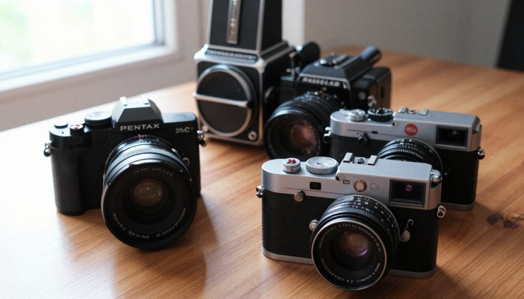 A stylish composition featuring the iconic cameras from Pentax, Ricoh, Leica, and Hasselblad arranged on a polished wooden surface. In the foreground, a close-up of a classic Leica M camera, showcasing its intricate details and vintage charm. The middle layer includes a Pentax K-series camera and a Ricoh GR with their distinctive designs, slightly angled towards the viewer for perspective. In the background, a Hasselblad 500C rests gracefully, hinting at its medium format appeal. Soft, diffused natural light filters in from a nearby window, creating gentle reflections and shadows that accentuate the textures of the cameras. The mood is sophisticated and nostalgic, evoking a sense of artistry and craftsmanship in photography.