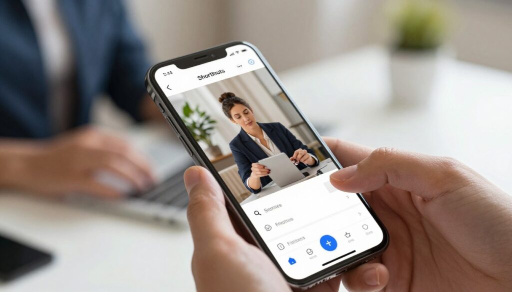 A stylish, modern iPhone with the Shortcuts app interface prominently displayed, showcasing its functionality to resize images effortlessly. In the foreground, capture the iPhone screen featuring a user-friendly layout with icons and options for image resizing. The middle layer should include a soft focus on hands gently holding the phone, dressed in professional attire, demonstrating the app in action. The background can be a blurred workspace setting with a well-lit desk, suggesting productivity and creativity. Use natural lighting that creates a warm and inviting atmosphere, enhancing the sleek design of the iPhone. The angle should be slightly tilted, providing an engaging perspective that draws attention to the screen and the resizing feature, emphasizing the ease and efficiency of the process.