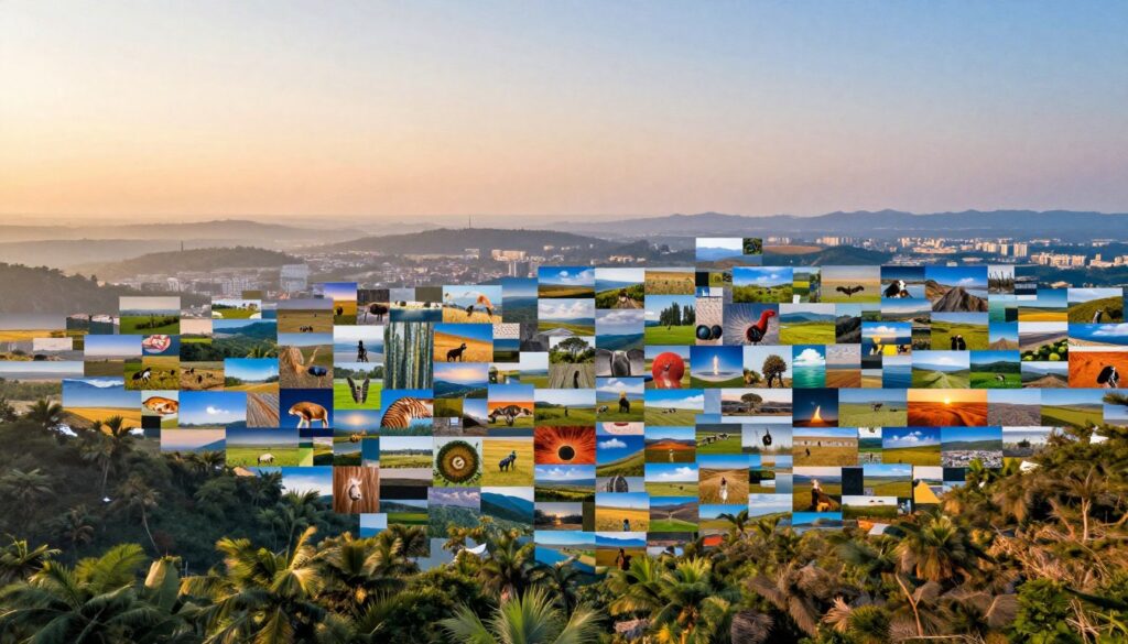 A vibrant and intricate fotomozaika composed of numerous smaller photographs, showcasing a large, breathtaking landscape in the foreground. The images that make up the mosaic feature nature scenes, wildlife, and abstract designs, interspersed artistically to create depth and complexity. The middle ground highlights a diverse array of colors and textures, capturing the viewer's attention, while a soft, ethereal light bathes the scene, enhancing the visual appeal. In the background, a subtle gradient of warm and cool hues suggests a tranquil sunset, contributing to a serene atmosphere. The composition should invoke a sense of wonder and creativity, illustrating the beauty of digital artistry and collage techniques without any text or branding. The scene should maintain a professional quality, suitable for an informative article.