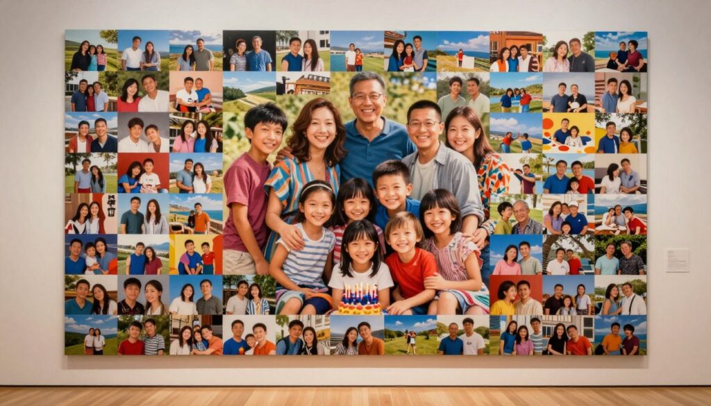 A vibrant, artistic photo mosaic depicting a large, heartwarming family portrait composed of countless smaller photographs. In the foreground, individual images should include joyful moments such as family gatherings, birthday celebrations, and scenic travels, filled with smiles and vibrant colors. The composition should seamlessly blend these smaller images into a cohesive whole, amplifying the emotional impact. The background presents a subtle, soft gradient which complements the colors of the mosaic without drawing attention away from the main subject. The lighting is warm and inviting, giving the scene a nostalgic, uplifting atmosphere. A medium shot captures the mosaic in an elegant gallery-style setting, ensuring a professional yet approachable portrayal.