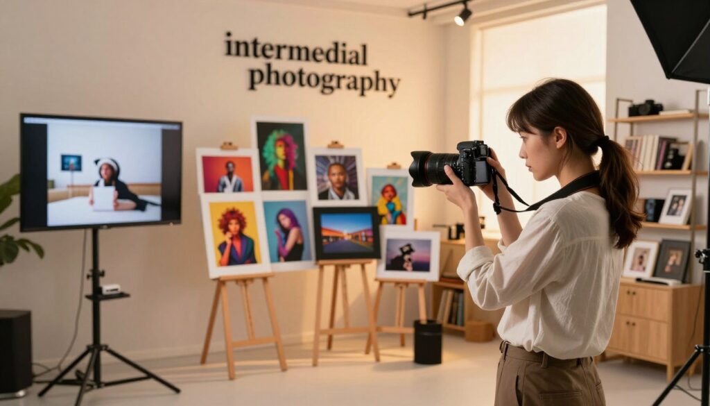 A visually captivating scene showcasing "intermedial photography" in a dynamic studio environment. In the foreground, a professional female photographer in smart casual attire manipulates a high-end digital camera, capturing images on a large screen. The middle ground features an array of vibrant, framed photographs and multimedia elements displayed on easels, illustrating the fusion of different artistic techniques. In the background, soft, warm lighting creates a welcoming ambiance, with shelves filled with photography books and equipment. The atmosphere is one of creativity and innovation, emphasizing the blend of traditional and modern photography styles. The composition conveys a sense of exploration and professional growth in the field of intermedial photography. A visually captivating scene showcasing "intermedial photography" in a dynamic studio environment. In the foreground, a professional female photographer in smart casual attire manipulates a high-end digital camera, capturing images on a large screen. The middle ground features an array of vibrant, framed photographs and multimedia elements displayed on easels, illustrating the fusion of different artistic techniques. In the background, soft, warm lighting creates a welcoming ambiance, with shelves filled with photography books and equipment. The atmosphere is one of creativity and innovation, emphasizing the blend of traditional and modern photography styles. The composition conveys a sense of exploration and professional growth in the field of intermedial photography.