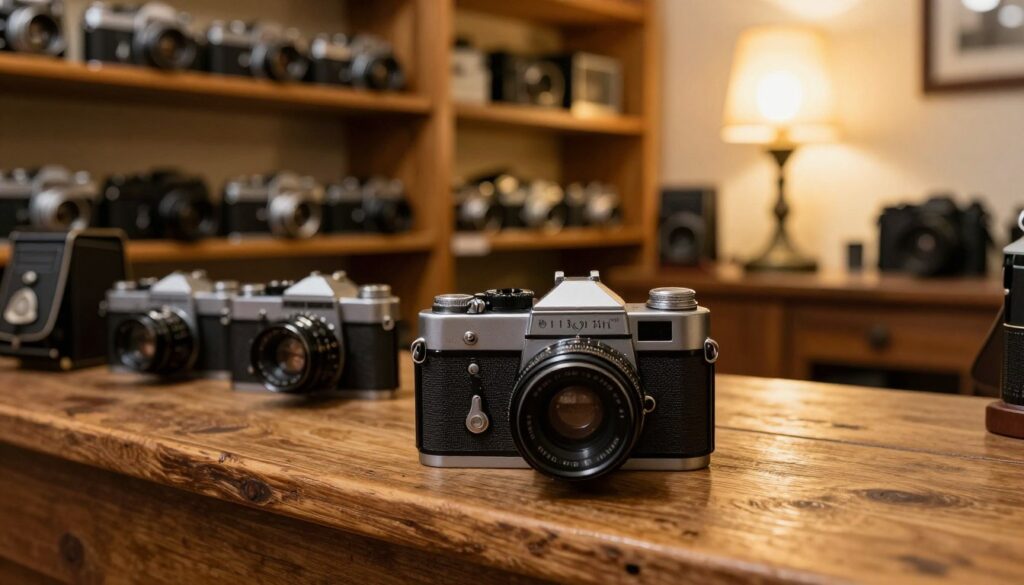 An antique Soviet camera prominently displayed in a cozy, warmly lit vintage shop in Poland. In the foreground, the camera, a classic model with a metallic finish and intricate detail, is positioned on a rustic wooden counter. The middle ground features shelves filled with various old cameras and photographic accessories, hinting at the rich history of photography. In the background, soft ambient light comes from a vintage lamp, casting gentle shadows that create a nostalgic mood. The atmosphere is inviting and evokes a sense of discovery, ideal for a photography enthusiast searching for a classic Soviet camera without overspending. The image captures the essence of exploring a treasure trove of photographic history in a charming local shop. An antique Soviet camera prominently displayed in a cozy, warmly lit vintage shop in Poland. In the foreground, the camera, a classic model with a metallic finish and intricate detail, is positioned on a rustic wooden counter. The middle ground features shelves filled with various old cameras and photographic accessories, hinting at the rich history of photography. In the background, soft ambient light comes from a vintage lamp, casting gentle shadows that create a nostalgic mood. The atmosphere is inviting and evokes a sense of discovery, ideal for a photography enthusiast searching for a classic Soviet camera without overspending. The image captures the essence of exploring a treasure trove of photographic history in a charming local shop.
